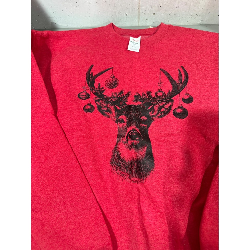 Hanes EcoSmart Christmas Reindeer Sweatshirt Red Heather Holiday Crewneck Medium